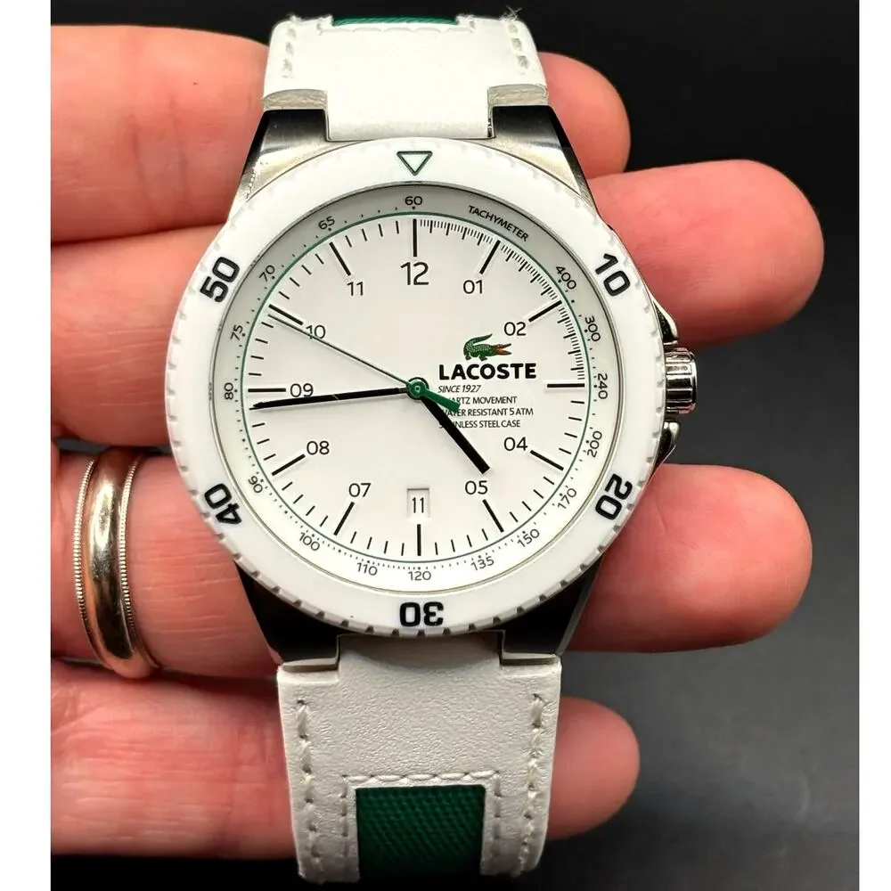 Lacoste Toronto 2010563 White Green Leather Quartz Men's Watch 44mm